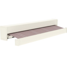 Cassettescherm met gestreepte stof in uitgeschoven toestand.