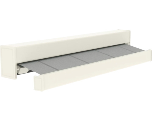 Uittrekbaar zonnescherm met witte cassette en grijs doek voor balkon of terras.