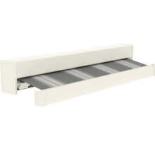 Gestreepte knikarmscherm met witte cassette en grijs doek.