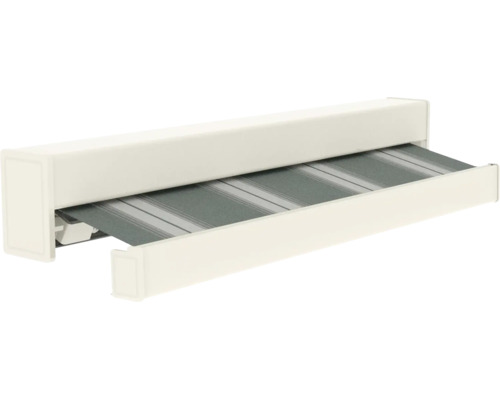 Cassettescherm met grijs gestreepte stof en witte cassette.