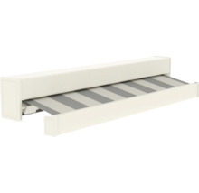 Cassettescherm met grijs-wit gestreepte stof en witte cassette.