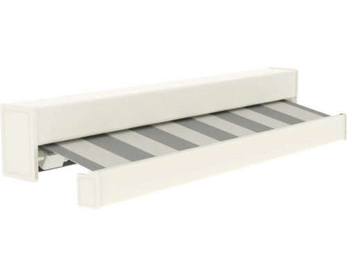 Cassettescherm met grijs-wit gestreepte stof en witte cassette.