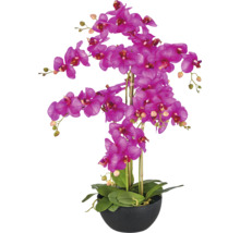 Kunstorchidee Phalaenopsis met roze bloemen in zwarte pot.