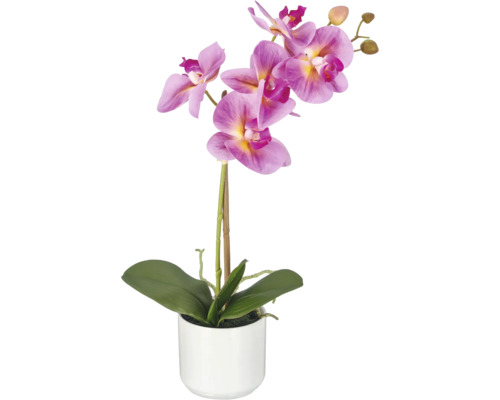 Kunstorchidee Phalaenopsis in witte keramiek pot met groene bladeren en gedetailleerde bloemen.