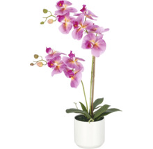 Kunstorchidee Phalaenopsis in witte pot met twee takken en roze bloemen.