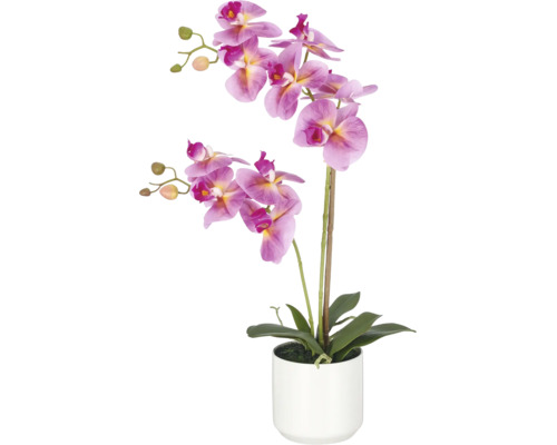 Kunstorchidee Phalaenopsis in witte pot met twee takken en roze bloemen.