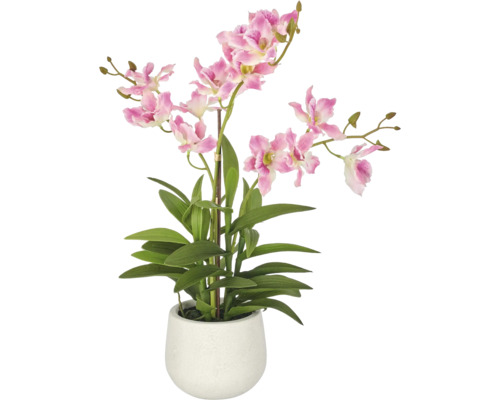 Kunstorchidee Dendrobium met roze-witte bloemen in een witte keramieken pot.