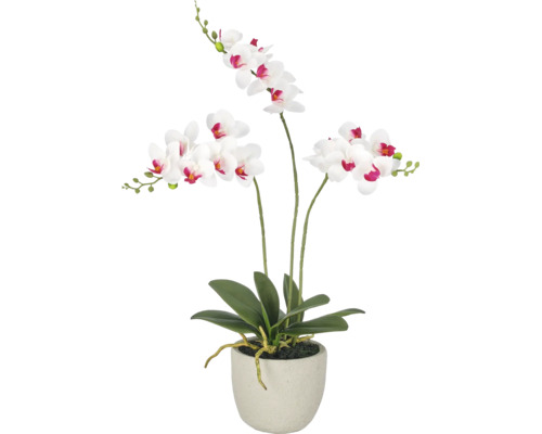 Kunstorchidee Phalaenopsis met drie takken en wit-roze bloemen in een grijze pot.