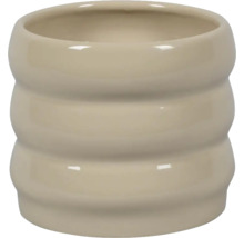 Beige keramieken bloempot met drie horizontale ribbels en een glanzende afwerking.