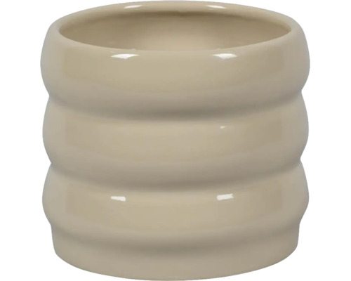 Beige keramieken bloempot met drie horizontale ribbels en een glanzende afwerking.