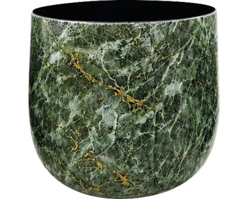 Ronde bloempot met groen marmerlook effect en goudkleurige elementen.