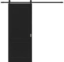 Zwarte schuifdeur met twee panelen en bovenliggend schuifsysteem.