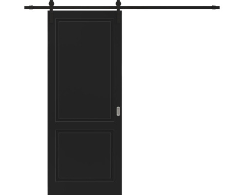 Zwarte schuifdeur met twee panelen en bovenliggend schuifsysteem.