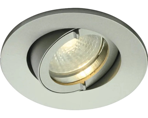 Kantelbare inbouwspot, rond, van metaal met zichtbare lichtbron.