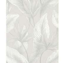 Vliesbehang met floraal patroon, grote bladeren en Strelitzia-bloemen in subtiele grijstinten.