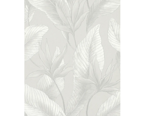 Vliesbehang met floraal patroon, grote bladeren en Strelitzia-bloemen in subtiele grijstinten.