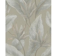Behang met botanisch patroon van grote bladeren en tropische bloemen.