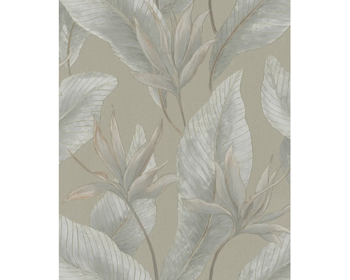 Behang met botanisch patroon van grote bladeren en tropische bloemen.