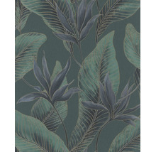 Vliesbehang met tropisch blader- en bloemenpatroon en metallic glanzende contouren.