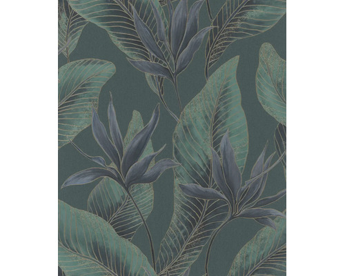 Vliesbehang met tropisch blader- en bloemenpatroon en metallic glanzende contouren.