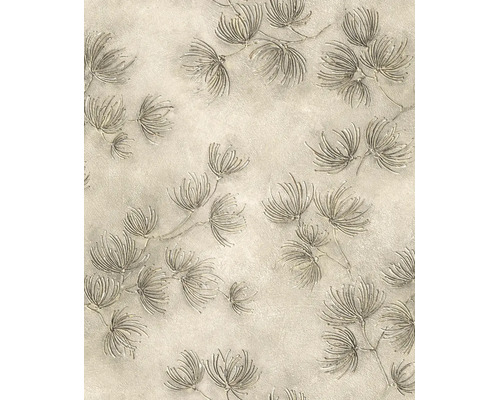 Vliesbehang met gestructureerd bloemenpatroon van waaierachtige bloemtakken op een ondergrond met pleisterlook.