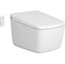 Wandhangende douche-wc in wit met gesloten deksel en afstandsbediening.