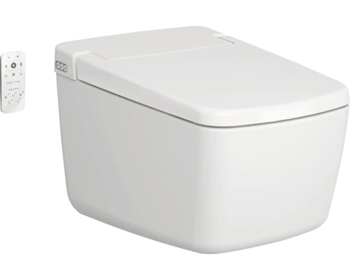 Wandhangende douche-wc in wit met gesloten deksel en afstandsbediening.