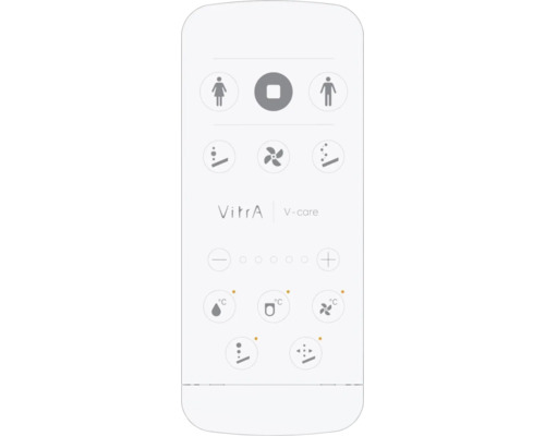 VitrA V-care Logo op afstandsbediening voor douche-wc's met symbolen voor reiniging, temperatuur in graden Celsius en sproeierinstellingen.