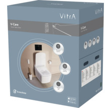 VitrA V-Care Smart Toilet Prime verpakking met afbeelding van het toilet, VitrA Logo en symbolen voor hygiëne, slimme functies en mobiele applicatie.