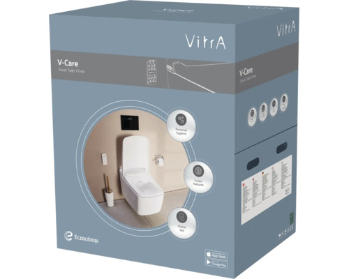 VitrA V-Care Smart Toilet Prime verpakking met afbeelding van het toilet, VitrA Logo en symbolen voor hygiëne, slimme functies en mobiele applicatie.