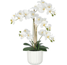 Kunstmatige orchidee Phalaenopsis in wit met veel bloemen en knoppen in een geribbelde pot.