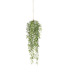 Kunstplant als hangdecoratie met lange, smalle bladeren aan een jute touw om op te hangen.