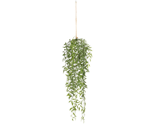Kunstplant als hangdecoratie met lange, smalle bladeren aan een jute touw om op te hangen.