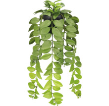 Kunsthangplant met groene bladeren in een zwarte pot.