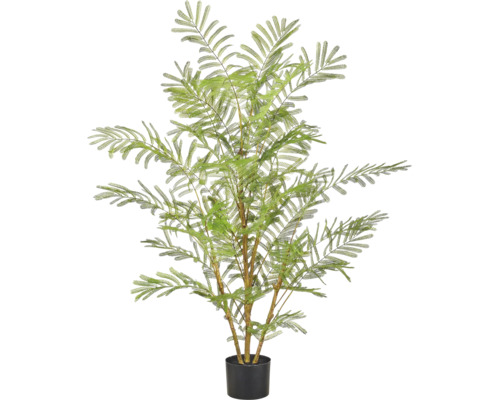 Kunstmatige mimosa plant in een eenvoudige zwarte pot voor realistische kamerdecoratie.