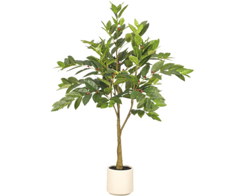 Kunstmatige koffieboom met kleine rode vruchten in een eenvoudige witte pot.