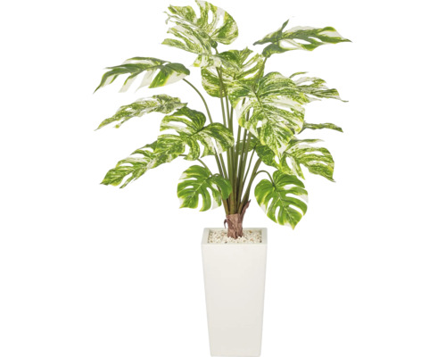 Kunstmatige Monstera plant met gevarieerde bladeren in een hoge, rechthoekige pot