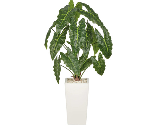 Kunstmatige Alocasia plant in hoge vierkante bloempot met siergrind
