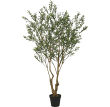 Kunstmatige olijfboom met kleine zwarte olijven in een zwarte bloempot als decoratieve kamerplant voor binnenshuis.