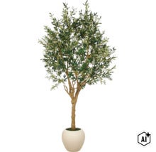 Kunstmatige olijfboom met vruchten in een ronde pot (Image AI modified or generated)
