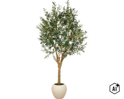 Kunstmatige olijfboom met vruchten in een ronde pot (Image AI modified or generated)
