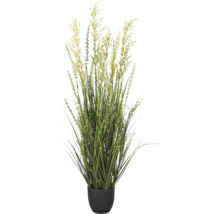 Kunstgras siergras in pot met gele bloempluimen.