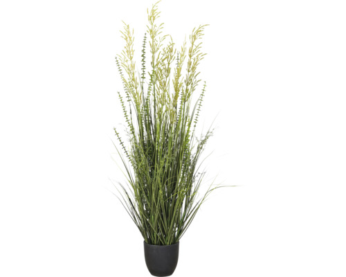 Kunstgras siergras in pot met gele bloempluimen.