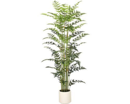 Kunstvaren met fijne groene bladeren in een eenvoudige witte bloempot.
