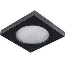 Vierkante LED-inbouwspot in zwart met ronde lichtopening.