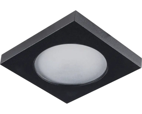 Vierkante LED-inbouwspot in zwart met ronde lichtopening.