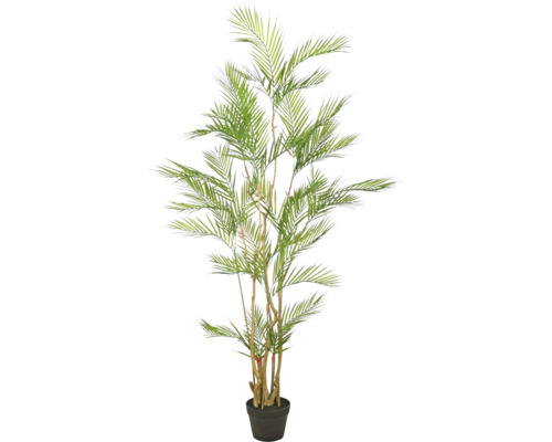 Kunstmatige arecapalm in een zwarte kunststof pot, realistische kunstplant voor binnendecoratie.