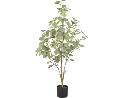 Kunstmatige eucalyptusplant in zwarte kunststof pot met ronde bladeren en vertakte stam.