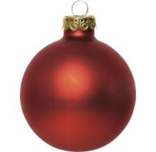 Rode glazen kerstbal, mat, met goudkleurige versierde dop en ophangoog.