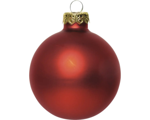 Rode glazen kerstbal, mat, met goudkleurige versierde dop en ophangoog.